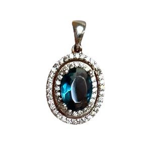 Sterling Silver Blue Topaz Colored Necklace Pendant Oval CZ Please Read Descript